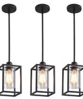 Three Pack Black Pendant Lights For Kitchen Island Industrial Lantern Style Hanging Lamps With Clear Glass Shade
