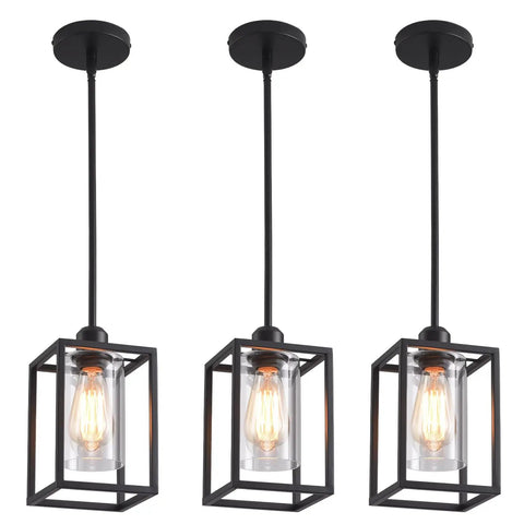 Three Pack Black Pendant Lights For Kitchen Island Industrial Lantern Style Hanging Lamps With Clear Glass Shade