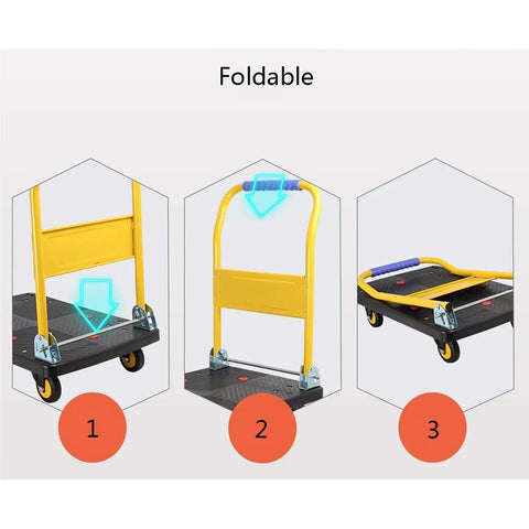 Heavy Duty Flatbed Hand Cart Folding Platform Truck With Plastic Panel And Metal Handle Portable Rolling Cart For Home Garage Warehouse Auto Shop Tradeshow Use 500 Lb Capacity Folds Flat For Easy Storage, foldable handle shown