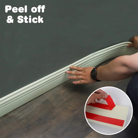 Installation of Upgraded Hardened Baseboard Trim Peel And Stick Self Adhesive Vinyl Wall Base for Floor and Chair Rail No Mess