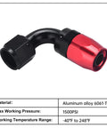 6AN Hose End Fitting 90 Degree Swivel for CPE Braided Hose Aluminum 6061 T6 Black and Red Beefy Built Tough Design Nine Sixteenths UNF Thread Heavy Duty Inline Connector With 1500 PSI Maximum black and red 90-degree hose end fitting