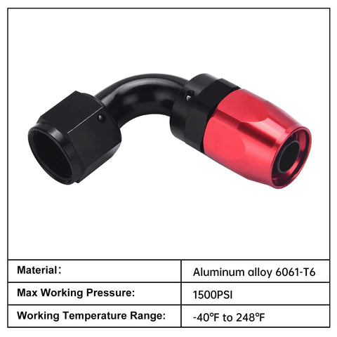 6AN Hose End Fitting 90 Degree Swivel for CPE Braided Hose Aluminum 6061 T6 Black and Red Beefy Built Tough Design Nine Sixteenths UNF Thread Heavy Duty Inline Connector With 1500 PSI Maximum black and red 90-degree hose end fitting