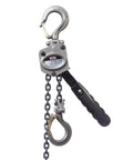 Jet 1/2-ton mini-puller lever hoist with 10 ft lift, gray body and black handle, chain and hooks, front view.