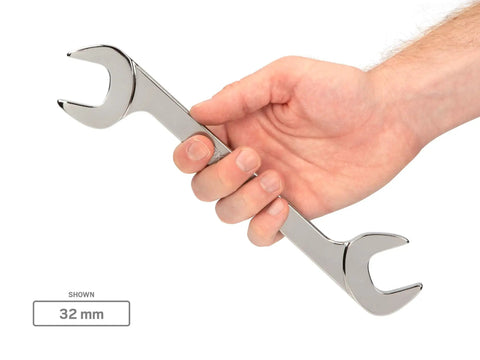 Hand holding a 32 mm from Angle Head Open End Wrench Set 4-Piece 24 27 30 32 Mm With 30 60 Degree Offset For Tight Access Durable USA Made