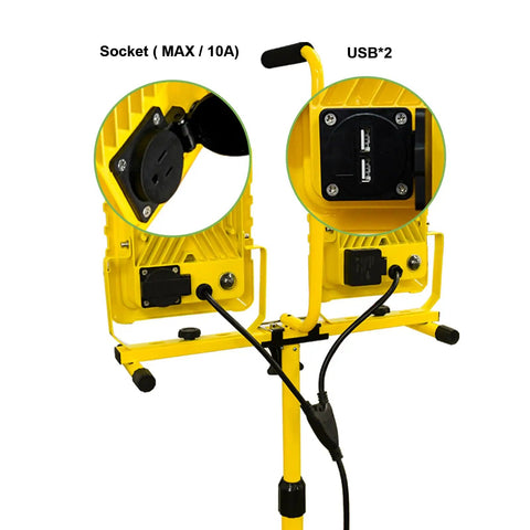 Back view of Beastly Bright 25,000 Lumen Dual Head LED Work Light showing sockets and USB ports.