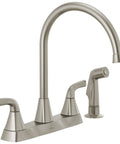 Parkwood Two Handle Kitchen Faucet With Side Spray in Stainless Steel; sleek integrated handle, 4-hole 8-inch fitting, aerated spray