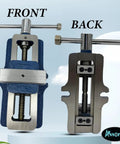 Front and back view of Beefy Four Inch Self Centering Vise With Fixed Base Heavy Duty Cast Iron Machining Tool For Milling And Drilling 100 Mm Jaw Width Precision Alignment For Accurate Workpieces