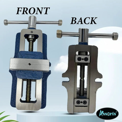 Front and back view of Beefy Four Inch Self Centering Vise With Fixed Base Heavy Duty Cast Iron Machining Tool For Milling And Drilling 100 Mm Jaw Width Precision Alignment For Accurate Workpieces