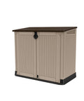 Outdoor Resin Horizontal Storage Cabinet for Trash Cans and Garden Tools in beige with a lockable easy lift lid, 30 cu ft capacity.