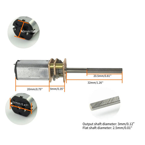 Dimensions and close-up view of Tiny But Mighty N20 Micro Gear Motor 5V DC 30RPM Geared Motor For Robotics in set of 3.