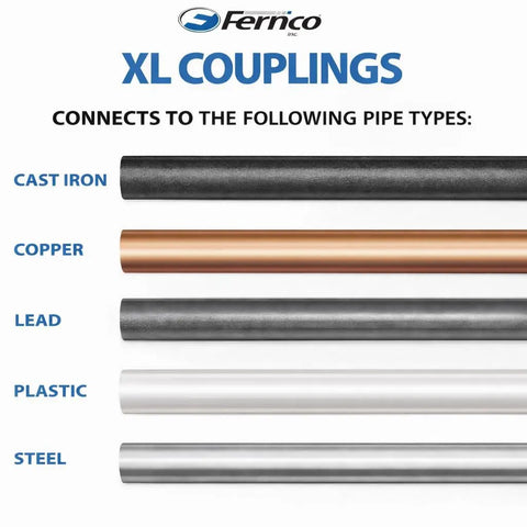 Extra Long 4 Inch Flexible Pipe Coupling With Stainless Steel Clamps text showing connection to cast iron, copper, lead, plastic, steel pipes