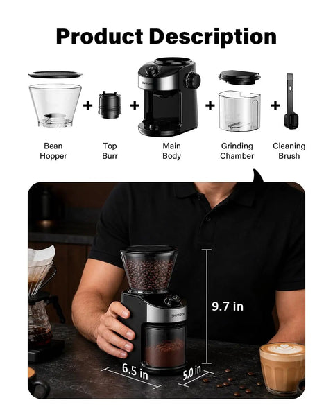 Real Deal Flat Burr Coffee Bean Grinder Built Rock Solid With 32 Crisp Grind Settings And 40 Second Timer For Drip Pour Over French Press Cold Brew And Espresso, black, 9.7 in tall, 5 x 6.5 in base.