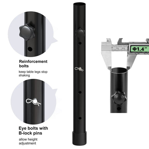 Detailed view of Four Pack Adjustable Folding Table Leg Extenders showing reinforcement and eye bolts for stability and height adjustment.