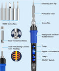 All In One 100W Soldering Iron Kit With LCD Temperature Display showing 5 tips, adjustable heat, anti-slip rubber sleeve, digital screen.