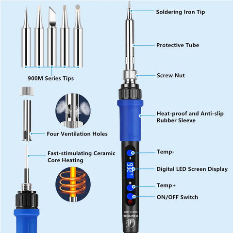 All In One 100W Soldering Iron Kit With LCD Temperature Display showing 5 tips, adjustable heat, anti-slip rubber sleeve, digital screen.