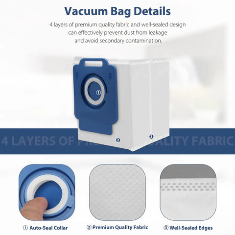 Close-up of 26 Pack Replacement Vacuum Bags For Compatible Robotic Vacuum Cleaners with design features labeled