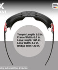 Anti Fog Safety Glasses With Rubber Gasket Seal Up To 95 Percent, Non OTG ANSI Z87.1, UV400 Protection, Scratch Resistant Lenses, Dust And Liquid Shield, Adjustable Flexible Frame For All Day Comfort Worksite Ready, front view showing temple, frame, lens, and bridge dimensions.