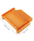 Heavy Duty Rock Solid Woodworking Featherboard Premium Steel Adjustable Stackable Safety Clamps For Table Saw Router Table Band Saw Save Knuckles And Workshop Flow Tight in orange with grooves for holding boards.