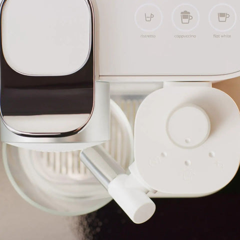 One Touch Automatic Milk Coffee Brewer With Integrated Frother For Barista Level Espresso and Smooth Morning Kick Premium White Finish control panel and frothing spout