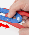Hand holding Precision Wire Stripper S Built For Righties And Lefties With Infinitely Adjustable Stripping Range From 0.12 mm To 0.8 mm Compact Ergonomic Tool Non Slip Grip For Thin Conductors And Wires showing adjustment mechanism