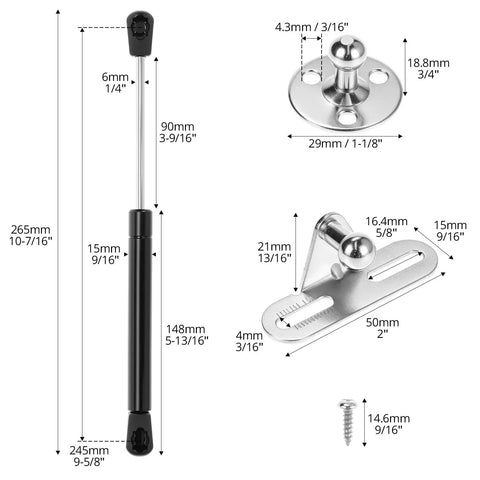 Diagram of 10 Inch Gas Struts Set Of 4 With 45N 10Lb Lift Supports dimensions and components for RV cabinet doors.