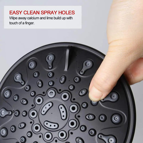 Close-up of matte black 6-spray shower head from Matte Black 3 Handle Tub And Shower Faucet Set showing easy clean spray holes.
