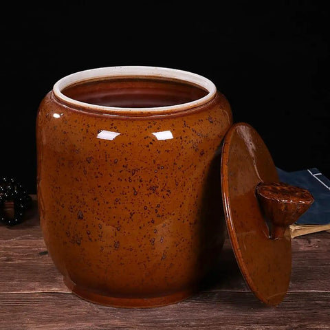 Big Boy Ceramic Rice Jar With Rattle Proof Lid Heavy Duty Porcelain Kitchen Dispenser To Keep Your Grains Coffee Flour And Nuts Fresh Vintage Brown Bulk Pantry Vault with lid on, showing rich brown speckled finish.