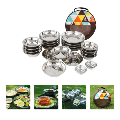 Stainless Steel Outdoor Dining Set With Plates Bowls And Cutlery Compact Camping Tableware Kit displayed with colorful storage bag.