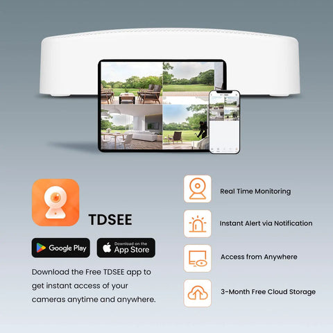 Plug And Play 16 Channel PoE NVR Security Recorder 4K Ready for Home or Business; TDSEE app shown on tablet and phone