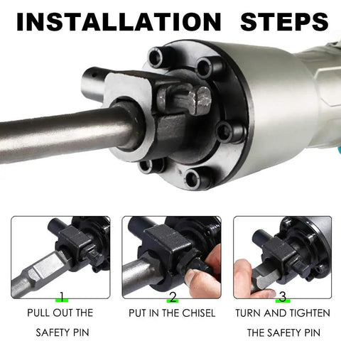 Installation steps for 110 Volt 1520 Watt Heavy Duty Electric Demolition Jack Hammer Workhorse MKB 65A with chisel setup.