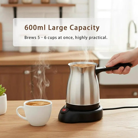 Electric Turkish Coffee Maker 600ml Capacity Brews 5 To 6 Cups, Stainless Steel 110V Coffee Brewer in use on kitchen counter.