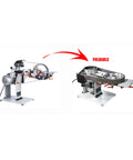 Hella Tough Variable Speed Belt Sander With 72 By 2 Inch Sandpaper Belt showcased from two angles, highlighting its foldable stand and 220V motor.