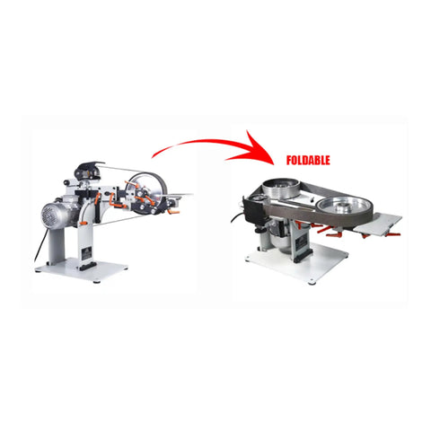 Hella Tough Variable Speed Belt Sander With 72 By 2 Inch Sandpaper Belt showcased from two angles, highlighting its foldable stand and 220V motor.