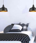 Bedroom setup with Dope Industrial Pendant Light With Plug In Cord Retro E26 Hanging Ceiling Lamp On Off Switch Oil Black Shade.