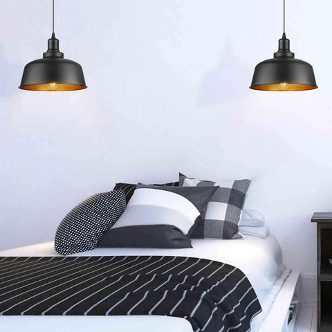 Bedroom setup with Dope Industrial Pendant Light With Plug In Cord Retro E26 Hanging Ceiling Lamp On Off Switch Oil Black Shade.