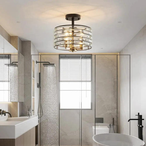 Crystal 3-Light Semi Flush Mount Ceiling Light Fixture With E12 Bases, sparkling crystal sticks shade in modern bathroom