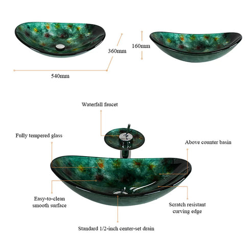 Top Drawer Green Oval Tempered Glass Vessel Sink For Stylish Bathroom Vanity Refresh Above Counter Wash Basin with dimensions 540x360x160mm.