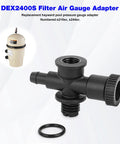 Front view of DEX2400S filter air gauge relief valve adapter, black plastic, for Hayward DE pool filters