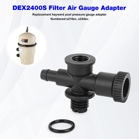 Front view of DEX2400S filter air gauge relief valve adapter, black plastic, for Hayward DE pool filters