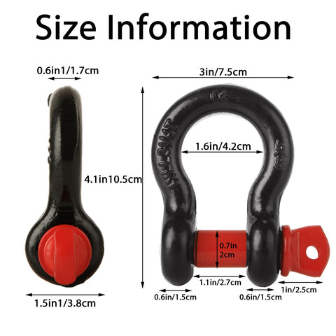 Size information of Six Piece Five Eighths Inch D Ring Shackles Heavy Duty Screw Pin Clevis For Towing And Off Road Recovery.
