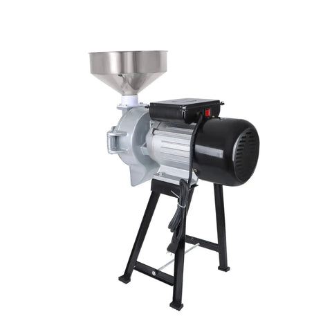 Side view of Workhorse Wet And Dry Grain Mill Grinder With Funnel 110V Electric Grain Crusher for home farms on a stand.