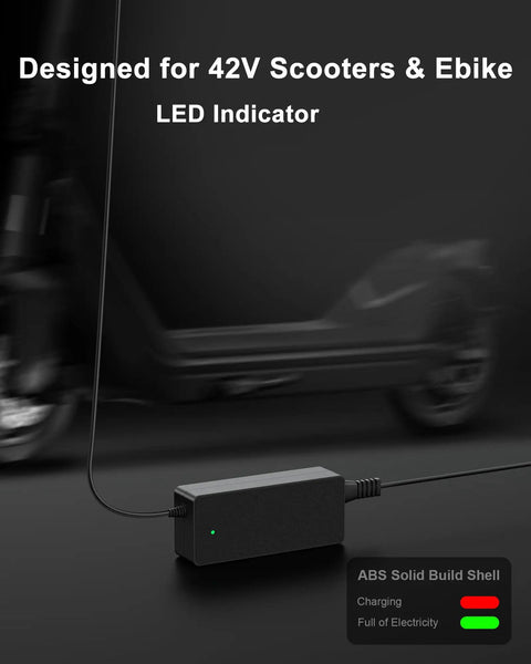 Five In One Universal Scooter Charger With 42V 2A Output, 9.8 Foot Cable, LED Indicator, DC 5.5x2.5mm Or 5.5x2.1mm Connectors, 8mm RCA, 8mm 3 Prong, 12mm 3 Prong And XLR, Works With Gotrax Segway Ninebot Hiboy Bird And More 36V Scooters