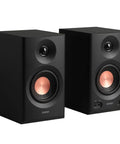Black pair of MR3 Powered Studio Monitors with Hi-Res Audio Certification and Bluetooth 5.4, showing front speaker design.