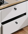 Fresh Round Matte Black Drawer Knobs 1.2 Inch Cabinet Hardware 10 Pack With Mounting Screws solid smooth grip on white kitchen drawers.