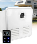 Heavy Duty 12V Propane Tankless Water Heater 55000 BTU with control panel, mounted near RV for outdoor hot water use.