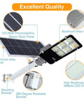 6000W Solar Street Light Outdoor Dusk To Dawn Security Flood Light with remote, 468 LEDs, and aluminum frame details