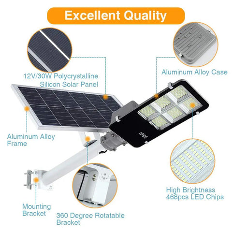 6000W Solar Street Light Outdoor Dusk To Dawn Security Flood Light with remote, 468 LEDs, and aluminum frame details