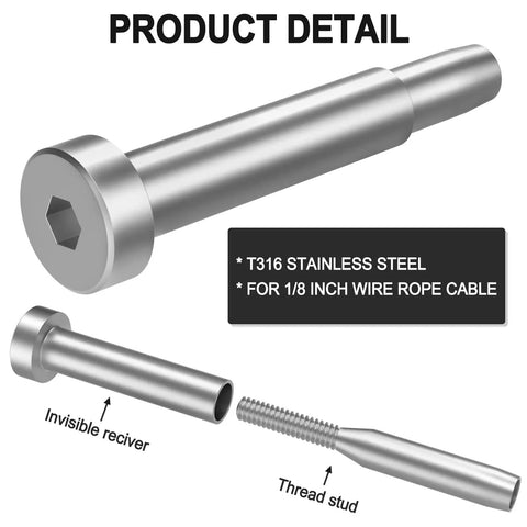 3/16 Inch Invisible Cable Railing Kit 40 Pack For Wood And Metal Deck Posts Featuring Zero Visible Bolts And A Slick Modern Finish to show T316 stainless steel post fittings.