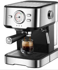 Household Semi Automatic Espresso Machine With Twenty Bar Pressure brewing rich espresso into a glass cup on kitchen counter.