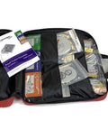 Front view of red open AED training kit case with four Practi-Trainer Essentials pads, instruction manual, and accessories.